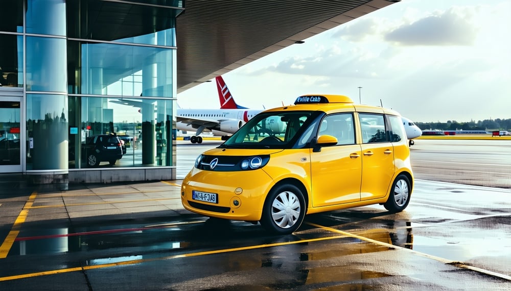 Melville Cars minicab parked outside London airport terminal